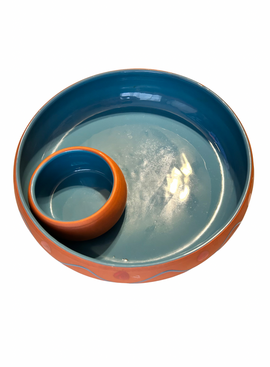 Vintage HUMARK Portugal Ceramic Chip & Dip Bowl – Teal/Orange – 12” Serving Dish