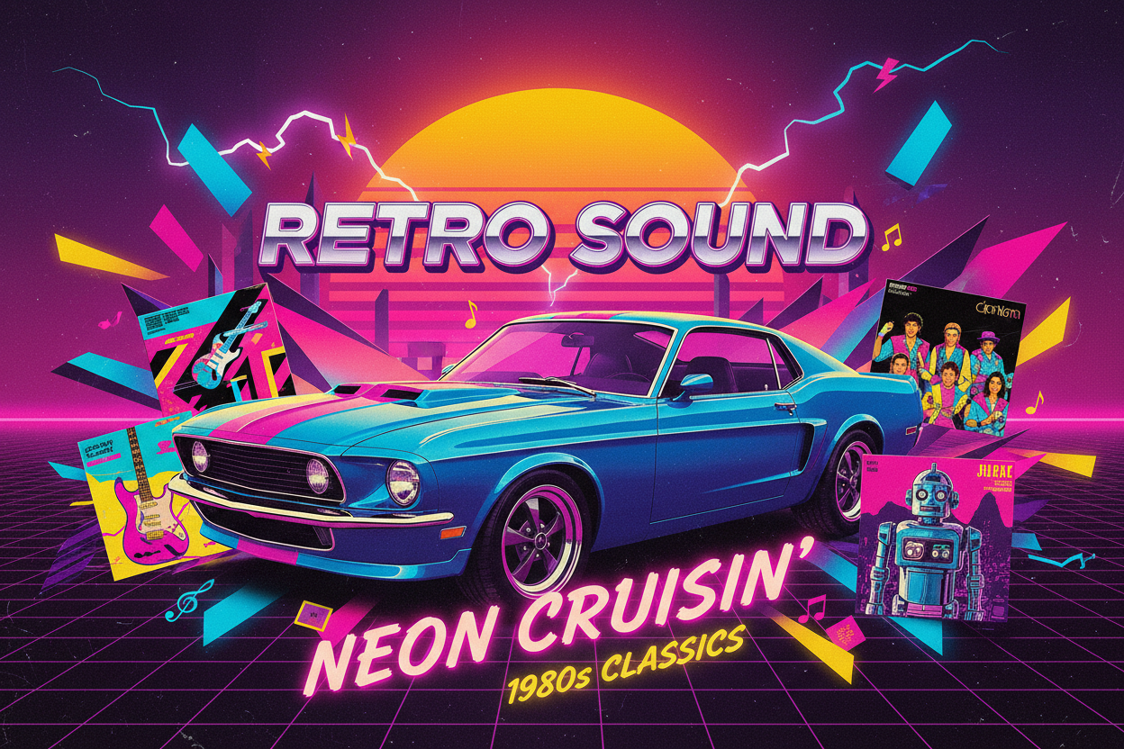create a retro 80's style poster with record albums and a shelby mustang